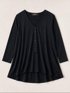 Sympli Black Button Front Tunic Top Size 8 Swing Stretch Long Sleeve Canada